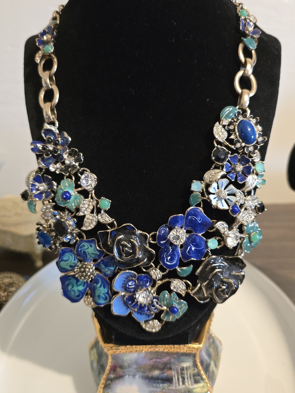 Statement Blue Floral Crystal Necklace - Women's Jewelry